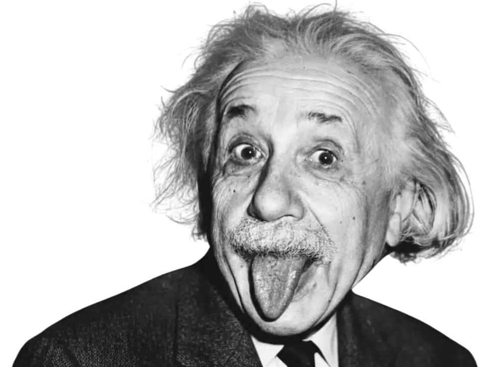 Einstein staring at the camera while sticking his tongue out in a playful way.